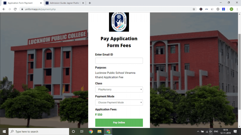 Step 5: Enter your email and Pay the admission form fees.
